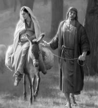 Mary is seated on a mule being lead by Joseph